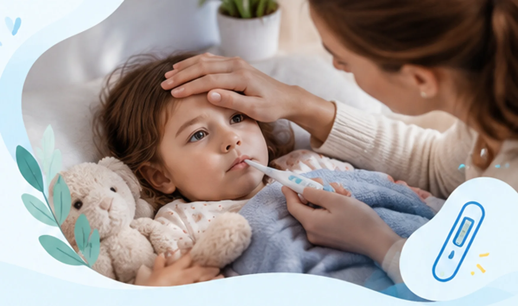 أمّ تضع يدها على جبين طفلها المحموم، وميزان الحرارة في فمه