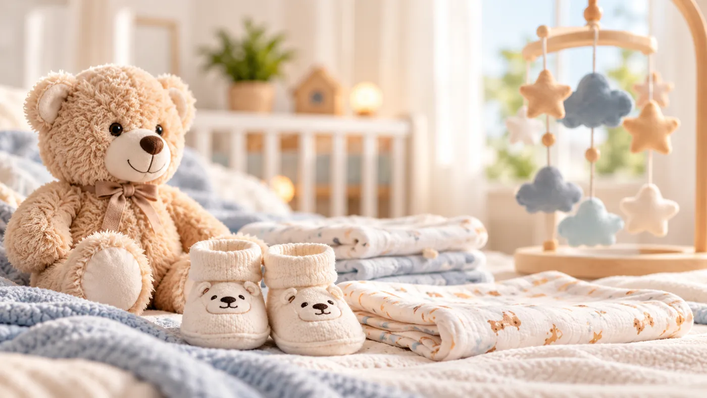 غرفة رضيع مضيئة: دبّ محشوّ وأحذية صغيرة وأقمطة ولعبة معلّقة فوق المهد