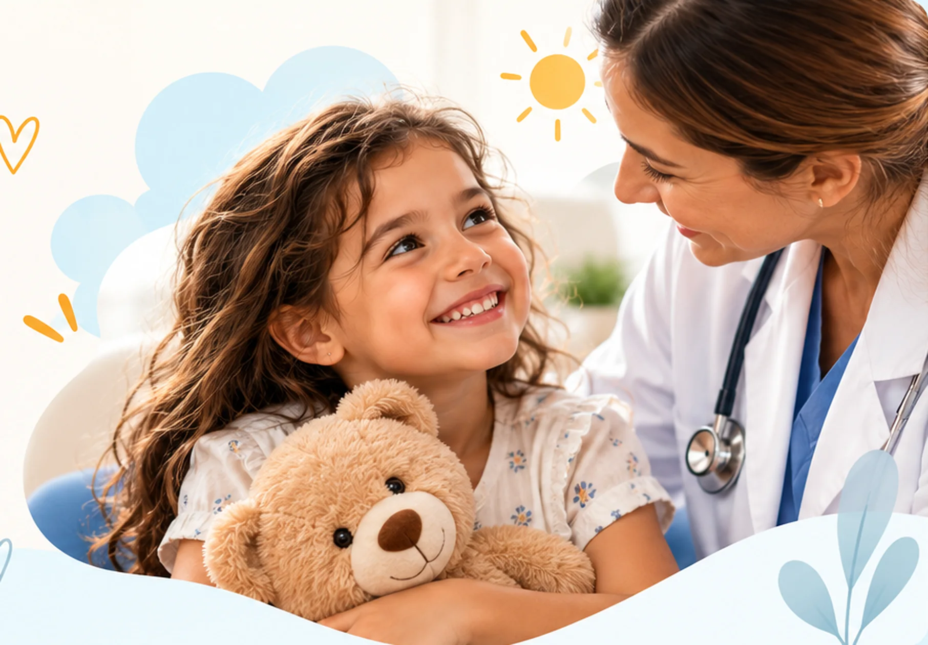 Petite fille souriante serrant son ours en peluche face à sa pédiatre