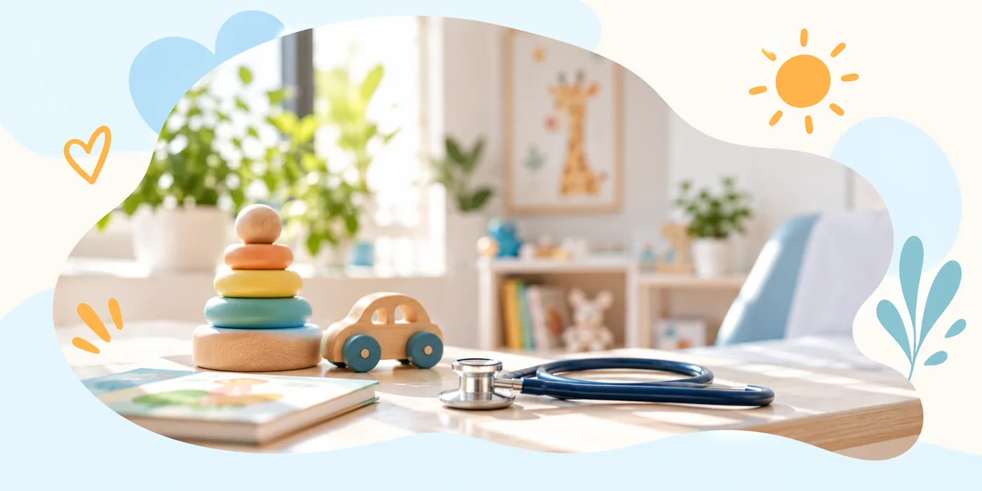 Bureau de consultation lumineux : jouets en bois, livre d’enfant et stéthoscope