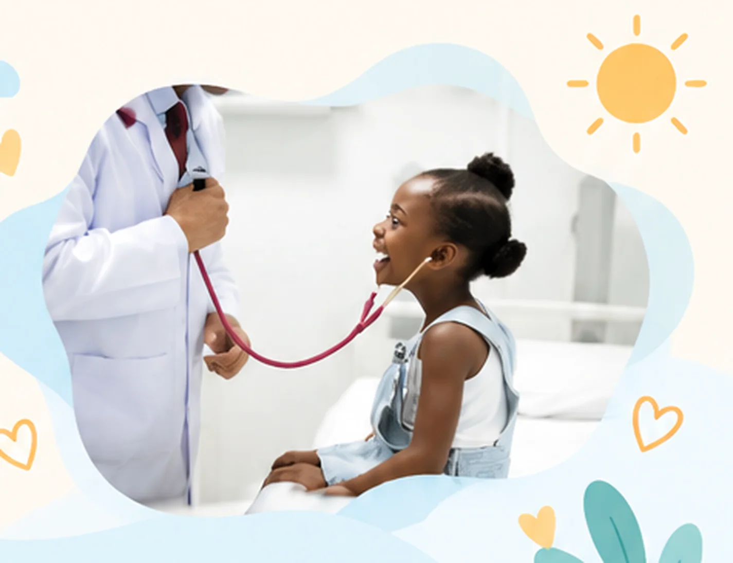 Fillette souriante écoutant le stéthoscope de son médecin