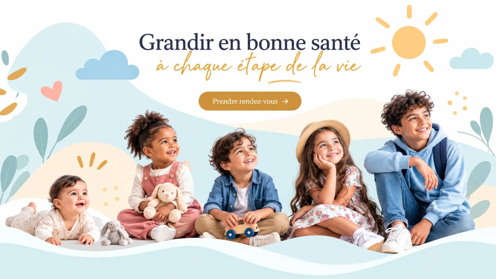 Grandir en bonne santé à chaque étape de la vie : cinq enfants souriants, du bébé à l’adolescent.