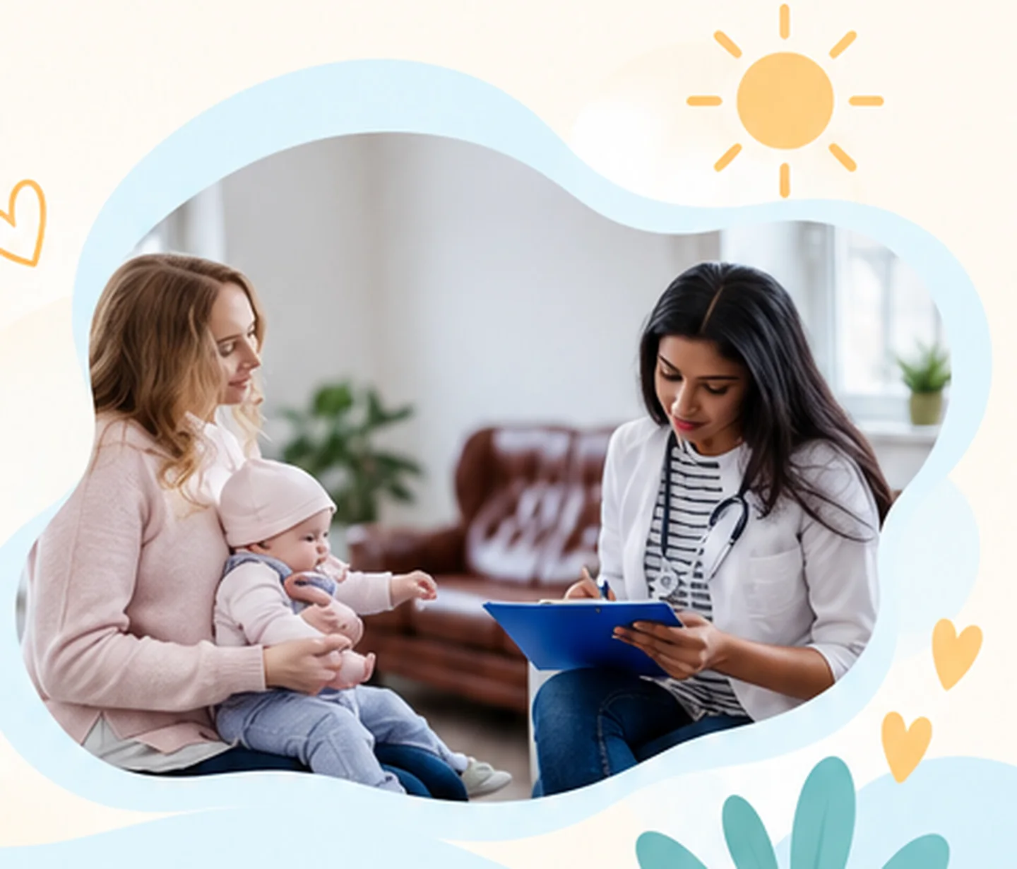 Pédiatre prenant des notes face à une maman et son bébé